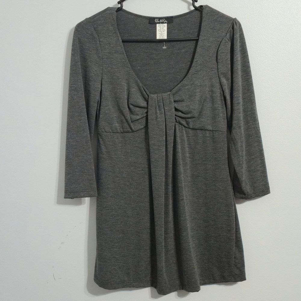S#36 Urban Rose Gray Ruched Front 3/4 Sleeve Tunic Top Women's Medium Style 2766